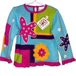 Hanna Andersson Sweater Blue Pink Flower Ruffle Hem 100 3T